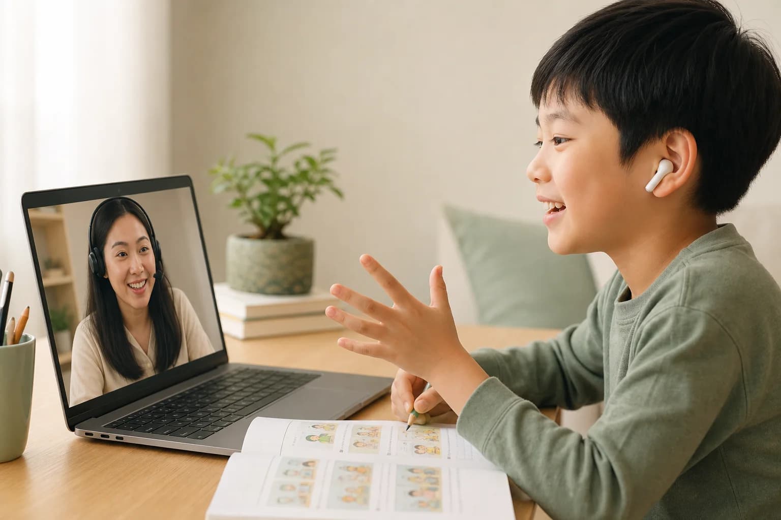 집에서 원어민 선생님과 일대일 화상 영어 수업을 하는 학생